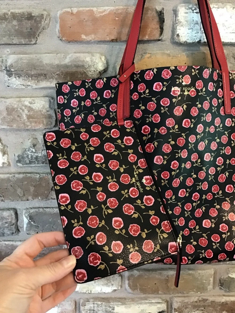 KATE SPADE Reversible MYA Arch Place Black Red Roses Leather Tote Bag